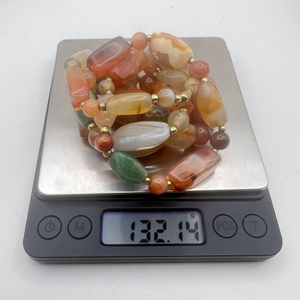 Multicolor Carnelian Agate Beaded Necklace 33" Gold-Tone Barrel Earthy Boho - Picture 7 of 14